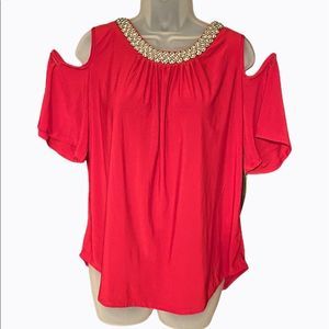 PerSeption Concept cold shoulder top beaded neck